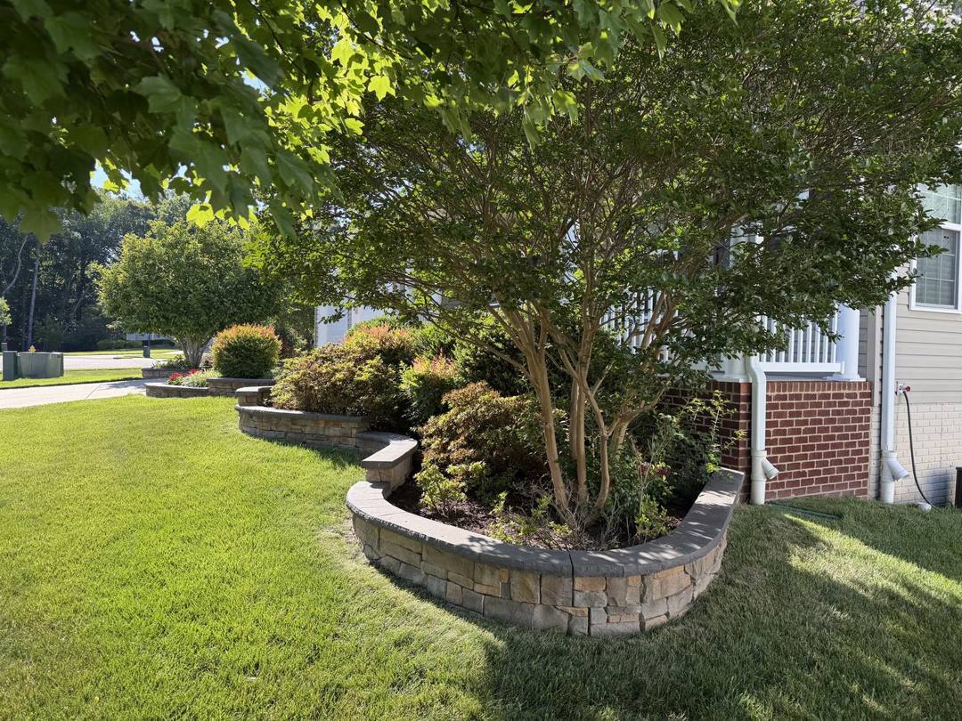Raised block tree ring in a front lawn